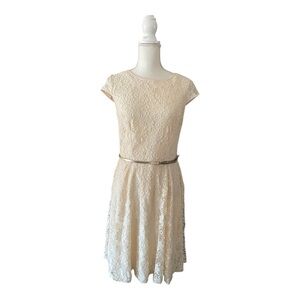 Women’s Established 1962 Cream Fit and Flare Midi Floral Lace Dress Cap Sleeves